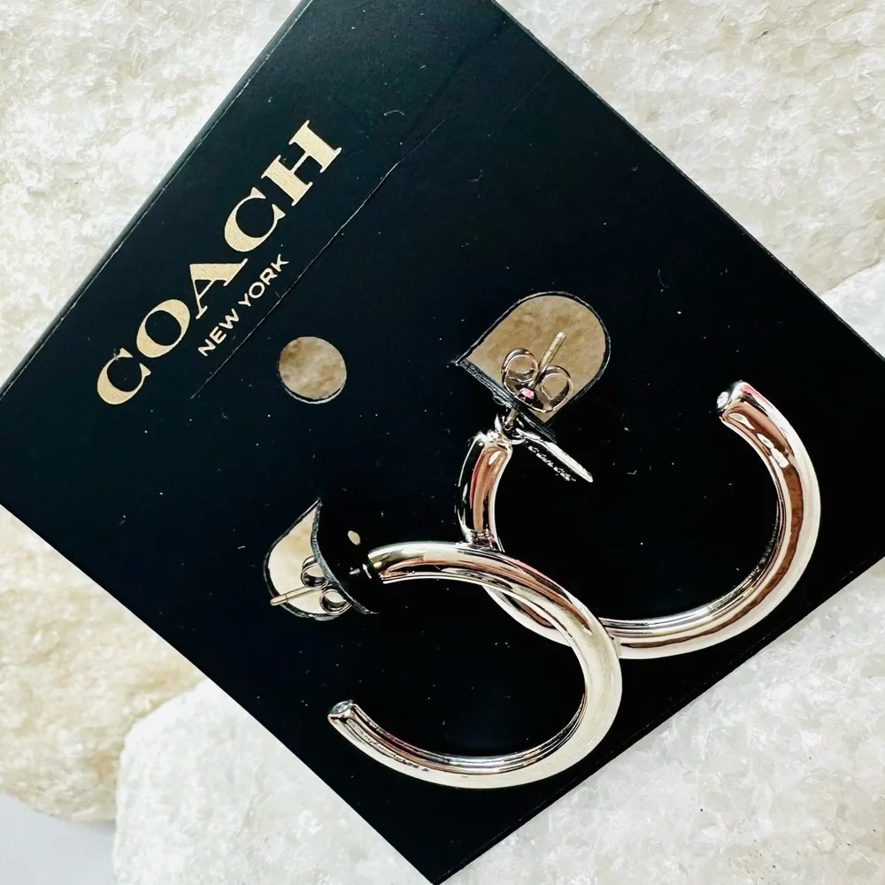 NEW! Coach Silver Colored Medium Signature Hoop Earrings - Picture 4 of 15